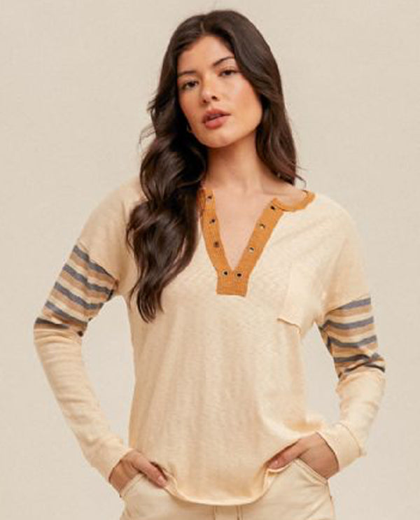 HEM & THREAD 32018 STRIPE CONTRAST HENLEY TOP CREAM