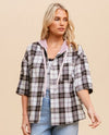 HEM & THREAD 32021 SHORT SLEEVE PLAID CROP BOXY SHIRT BLACK/LAVENDER