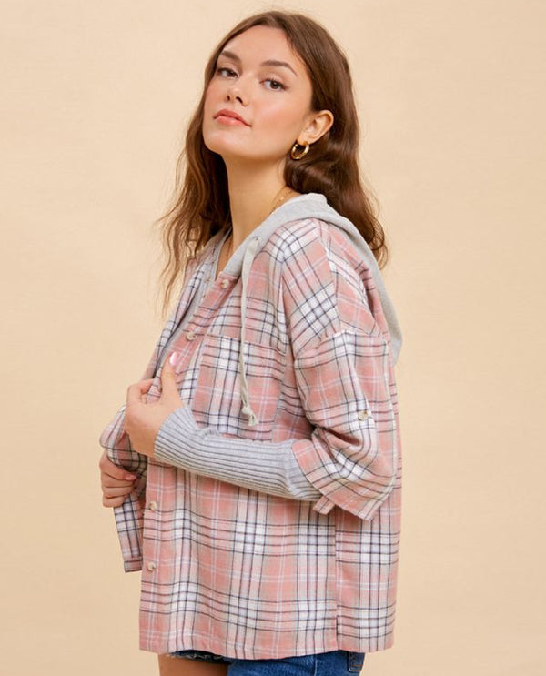 HEM & THREAD 32021 SHORT SLEEVE PLAID CROP BOXY SHIRT WATERMELON PINK