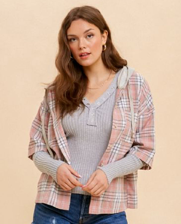 HEM & THREAD 32021 SHORT SLEEVE PLAID CROP BOXY SHIRT WATERMELON PINK