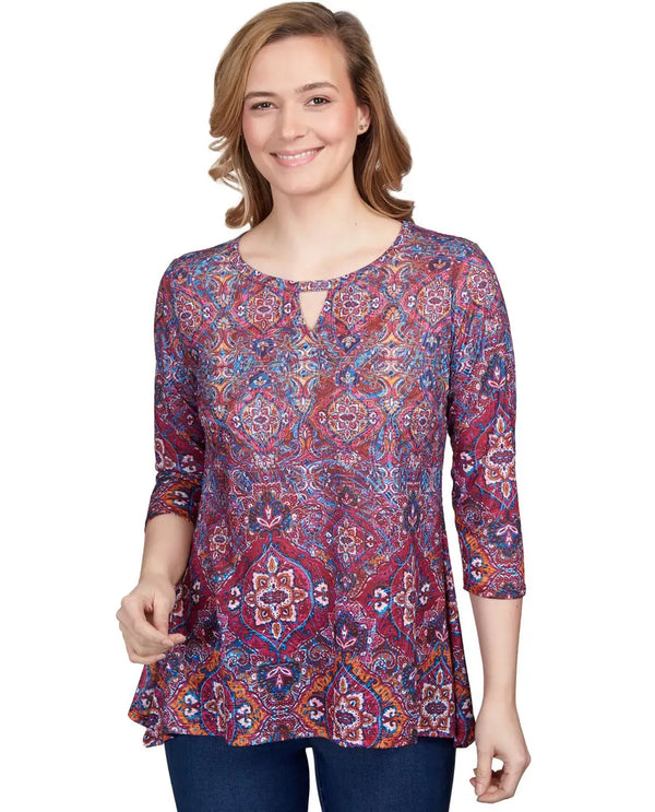 RUBY RD 32379 PETITE SCOOP-NECK PAISLEY 3/4 SLEEVE KNIT TOP BERRY MULTI