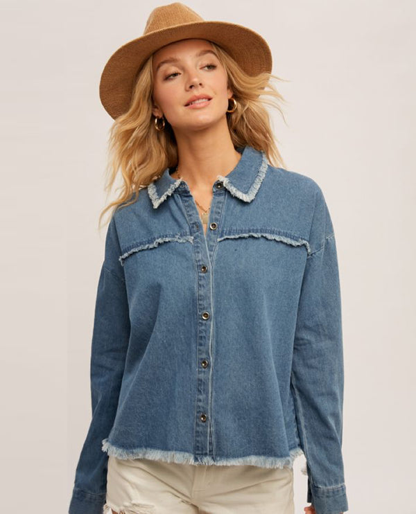 HEM & THREAD 32534F DISTRESSED OVERSIZE DENIM SHIRT INDIGO NAVY