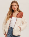 HEM & THREAD 32541F VELOUR QUILTED SHERPA ZIP UP JACKET WINE/IVORY