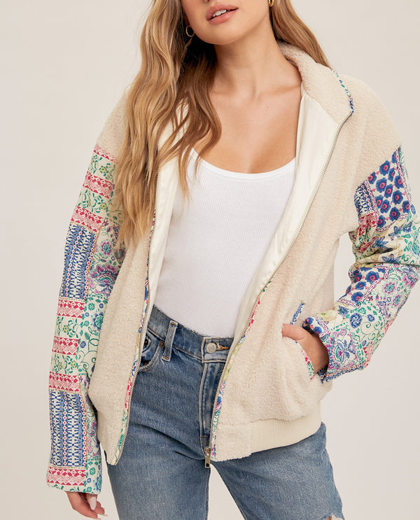 HEM & THREAD 32774(8873W) QUILTED PRINT TEDDY JACKET CREAM