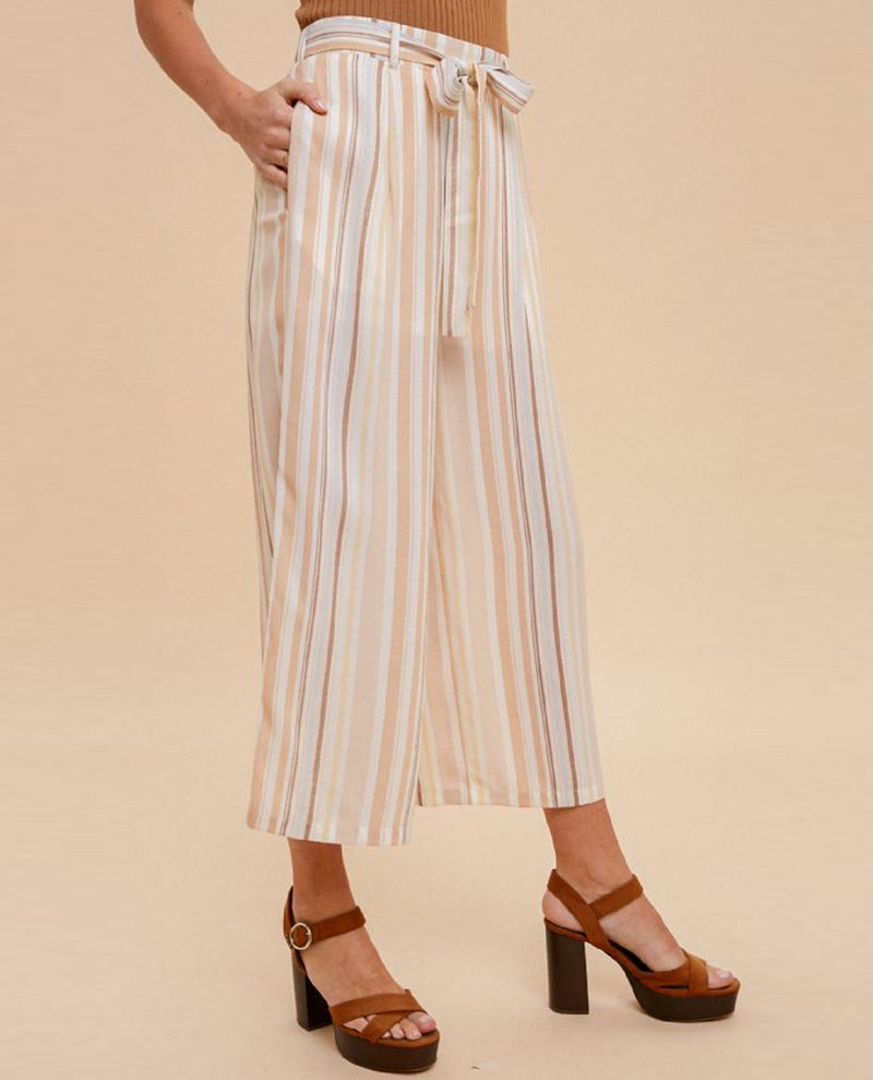 HEM & THREAD 33172F STRIPE WIDE LEG TIE PANT BROWN/SAGE/APRICOT