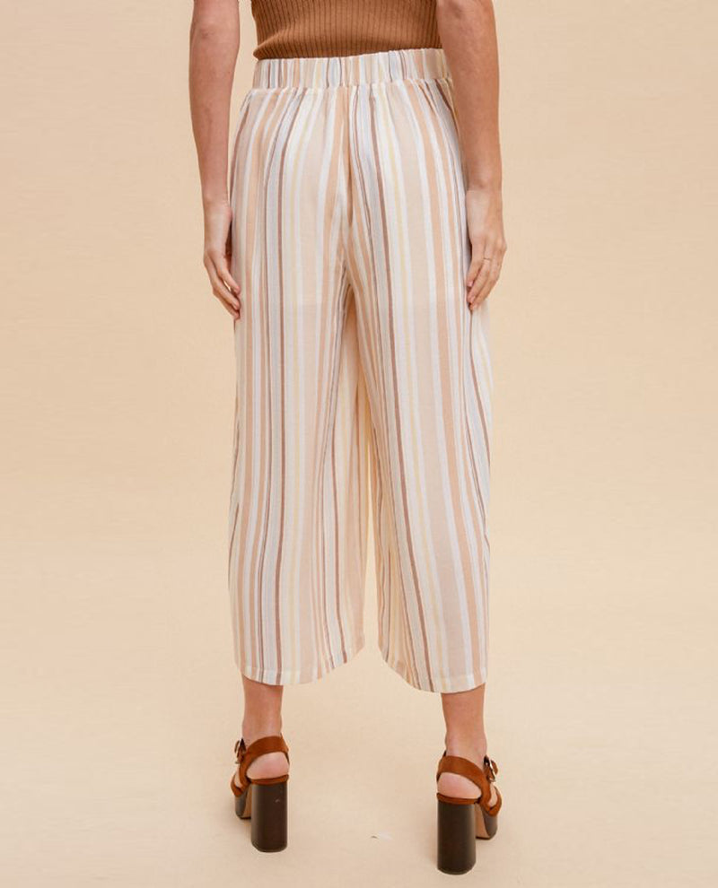 HEM & THREAD 33172F STRIPE WIDE LEG TIE PANT BROWN/SAGE/APRICOT