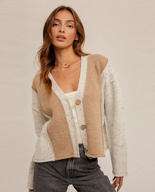 HEM & THREAD 35346 SPECKLE COLOR BLOCK CARDIGAN HEATHER GREY/TAUPE