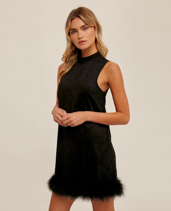 HEM & THREAD 37502 FAUX SUEDE DRESS WITH FUR TRIM BLACK