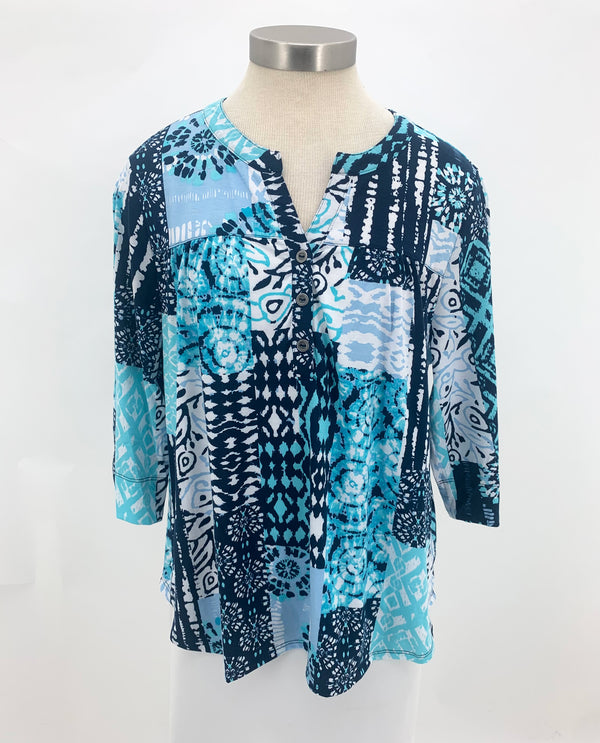 N TOUCH 408CP PETITE DENIM DYNASTY PRINT TOP BLUE ISLE PATCH