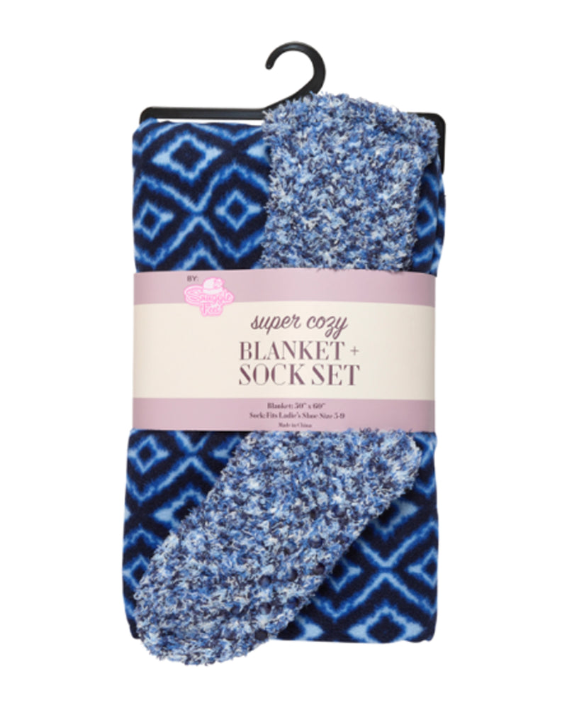 BLANKET WITH FEATHER YARN SOCK SET BLUE