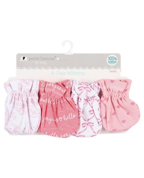4 PAIR PINK BABY MITTENS