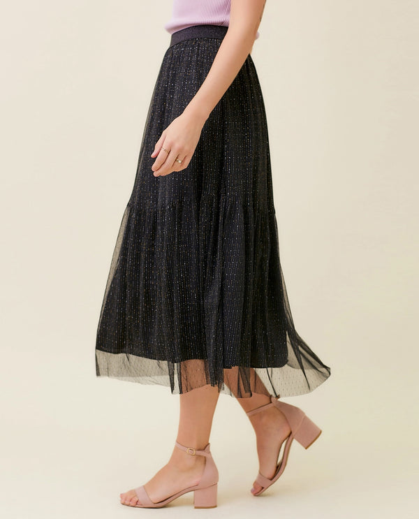 MYSTREE 57423 LUREX MIXED MESH TIERED SKIRT BLACK