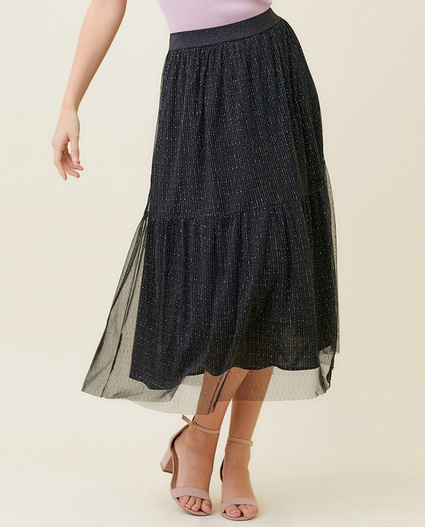MYSTREE 57423 LUREX MIXED MESH TIERED SKIRT BLACK