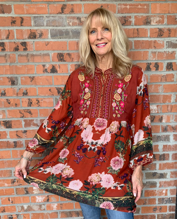 ALL ABOUT HER 5782 EMBROIDERED BODICE TUNIC BRICK