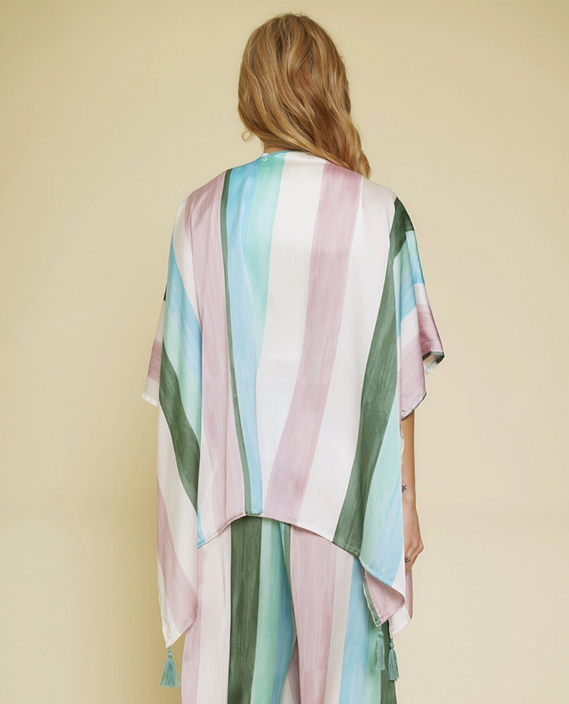 MYSTREE 59162C STRIPE SATIN KIMONO AQUA/LILAC