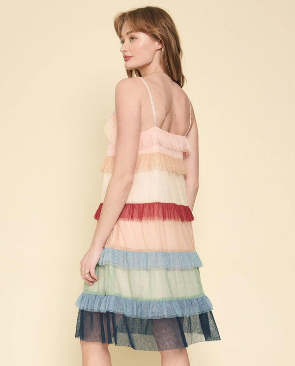 MYSTREE 60167 COLOR BLOCK MESH RUFFLE DRESS BLSH/PCH/SAGE MIX