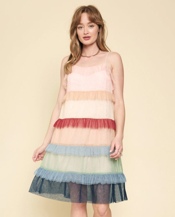 MYSTREE 60167 COLOR BLOCK MESH RUFFLE DRESS BLSH/PCH/SAGE MIX
