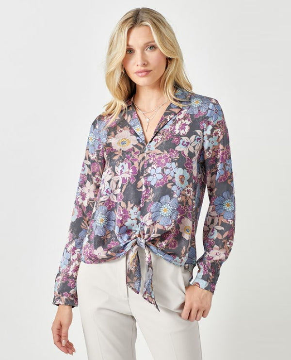 MYSTREE 60228 FRONT TIE PRINT SATIN SHIRT BLUE GREY MIX