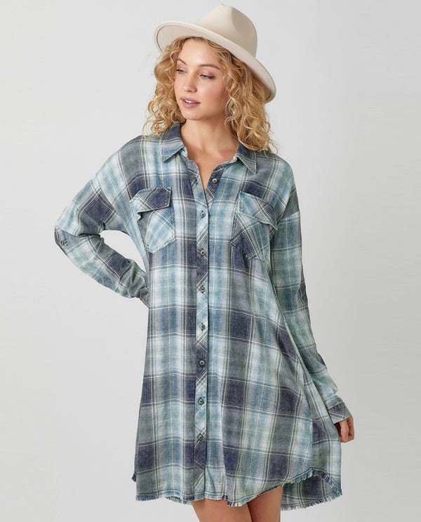 MYSTREE 60239 PLAID SHIRT DRESS BLUE