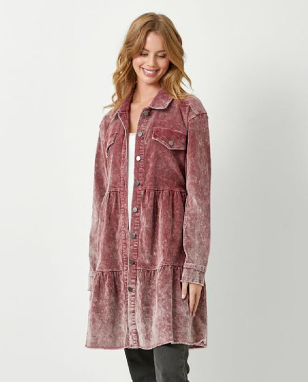 MYSTREE 60257 ACID WASH CORDUROY TIERED COAT BERRY