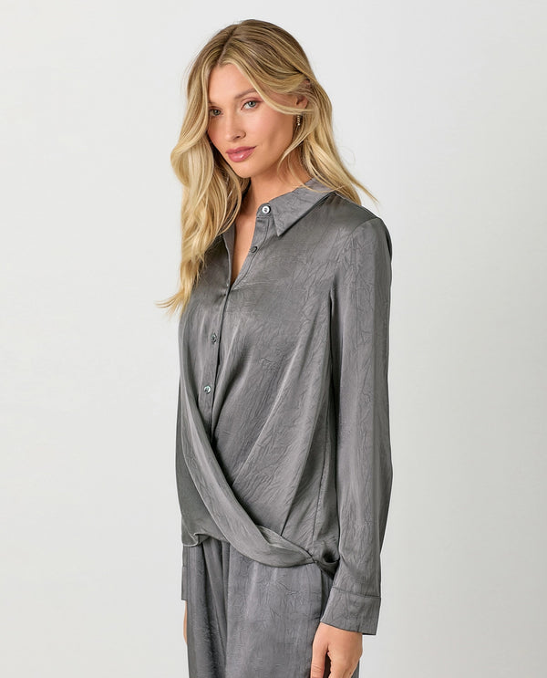 MYSTREE 60729 CRINKLE SATIN TWISTED BLOUSE CHARCOAL