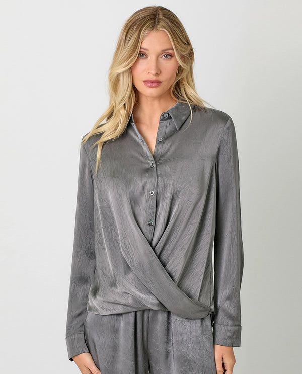 MYSTREE 60729 CRINKLE SATIN TWISTED BLOUSE CHARCOAL