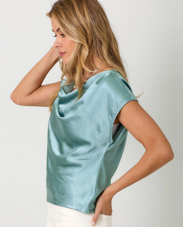 MYSTREE 60781 SLEEVELESS SATIN COWL TOP SEAFOAM