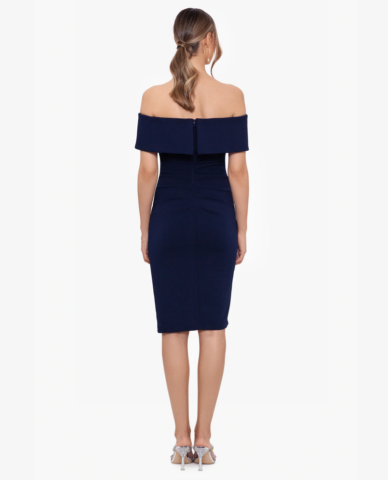  XSCAPE 4904X WRENLEY OFF SHOULDER CREPE DRESS navy