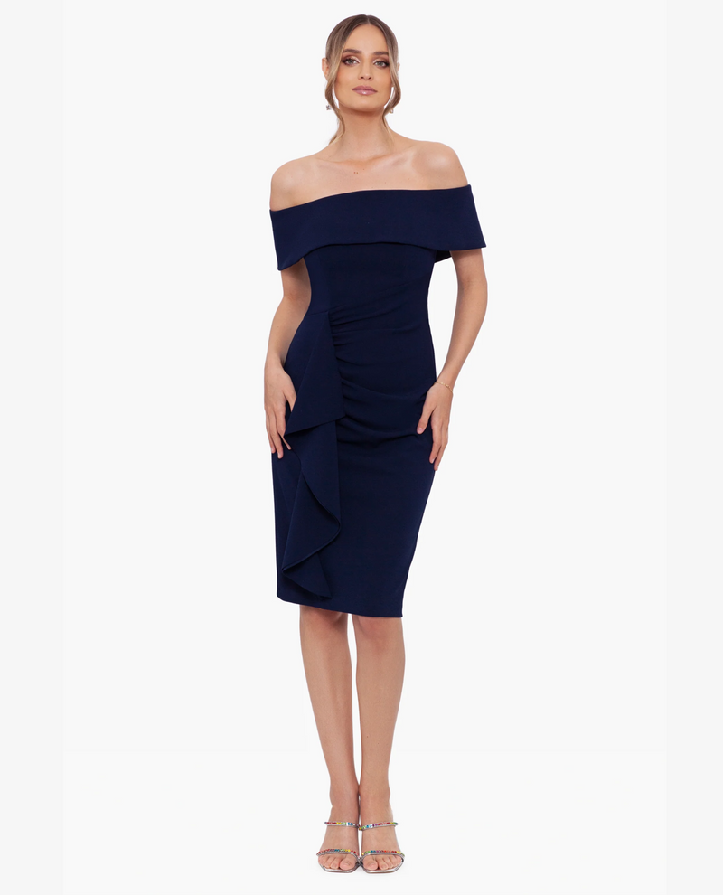 XSCAPE 4904X WRENLEY OFF SHOULDER CREPE DRESS  navy