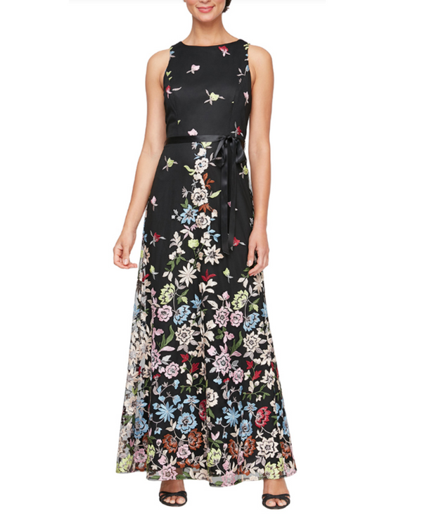 ALEX EVENING 51171614 MESH EMBROIDED TIE WAIST GOWN BLACK MULTI