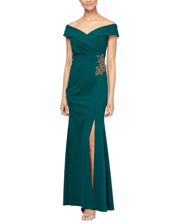 ALEX EVENING 8160198 LONG OFF SHOULDER SURPLUS GOWN EMERALD GREEN