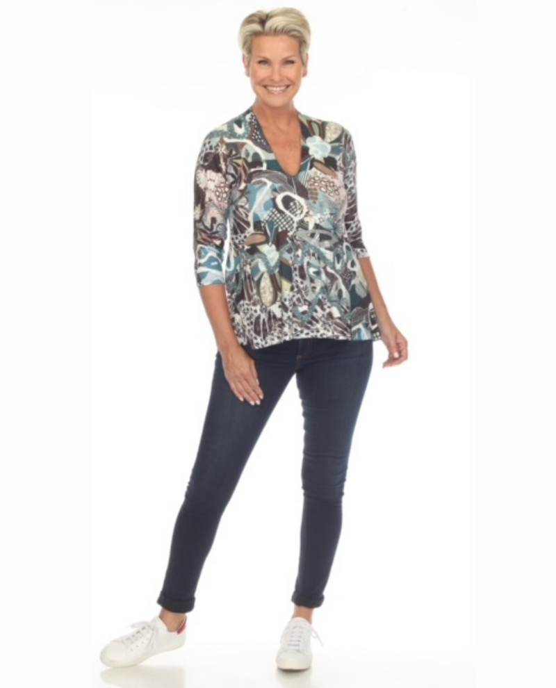 INOAH T1272K PLAQUET V NECK 3/4 SLEEVE ALINE TOP OAKWOOD