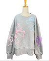 ANN74950-F 3-D YARN BOWS SWEATSHIRT GREY