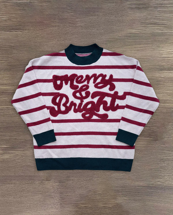 Merry & Bright Striped Chenille Letter Sweater 75921