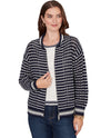 RUBY RD 76960 CROCHET STRIPE ZIP SWEATER NAVY
