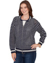 RUBY RD 76960 CROCHET STRIPE ZIP SWEATER NAVY