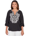 RUBY RD 77943 EMBROIDERED HENLEY CUT TOP BLACK