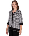 RUBY RD 77963 TEXTURE STRIPE BUTTON SWEATER BLK/WHT