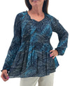 KEREN HART 79042 PLEATED RUFFLE NECK BLOUSE NAVY TURQUOISE MULTI