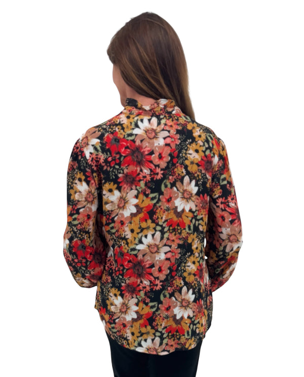 KEREN HART 79051 FLORAL RUFFLE NECK BLOUSE BLACK