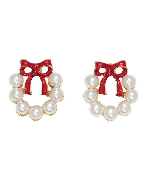 PERIWINKLE PEARL WREATH WITH RED BOW EARRINGS 8120827