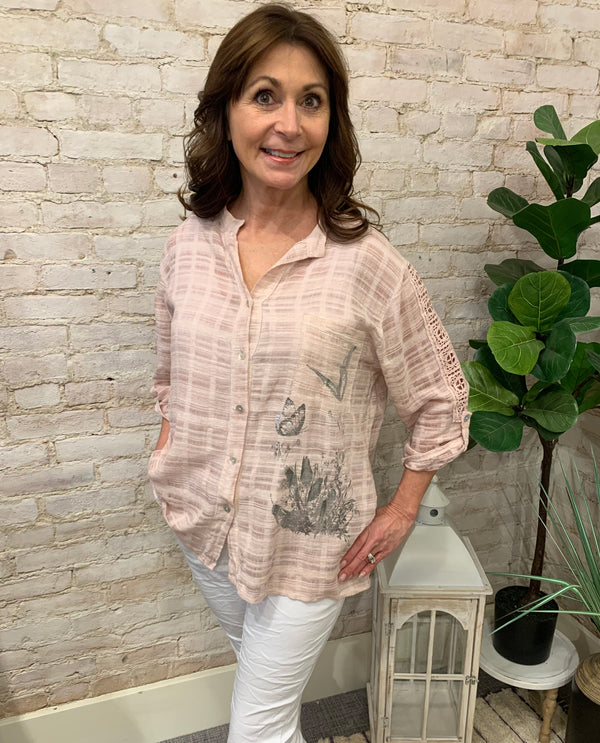 MADE IN ITALY 81322 COTTON BUTTON DOWN TOP WITH FOIL pink