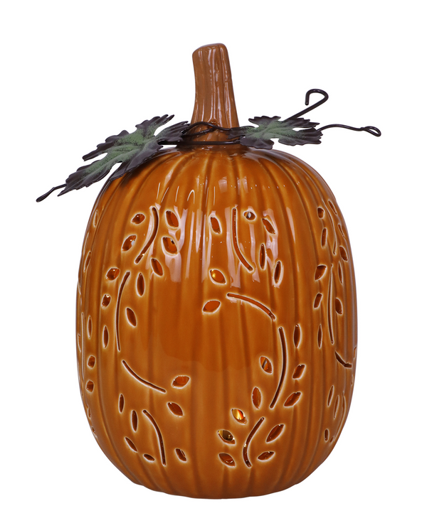  8" FALL LEAVES CERAMIC LED PUMPKIN ORANGE