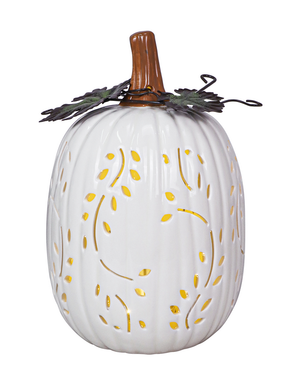  8" FALL LEAVES CERAMIC LED PUMPKIN WHITE