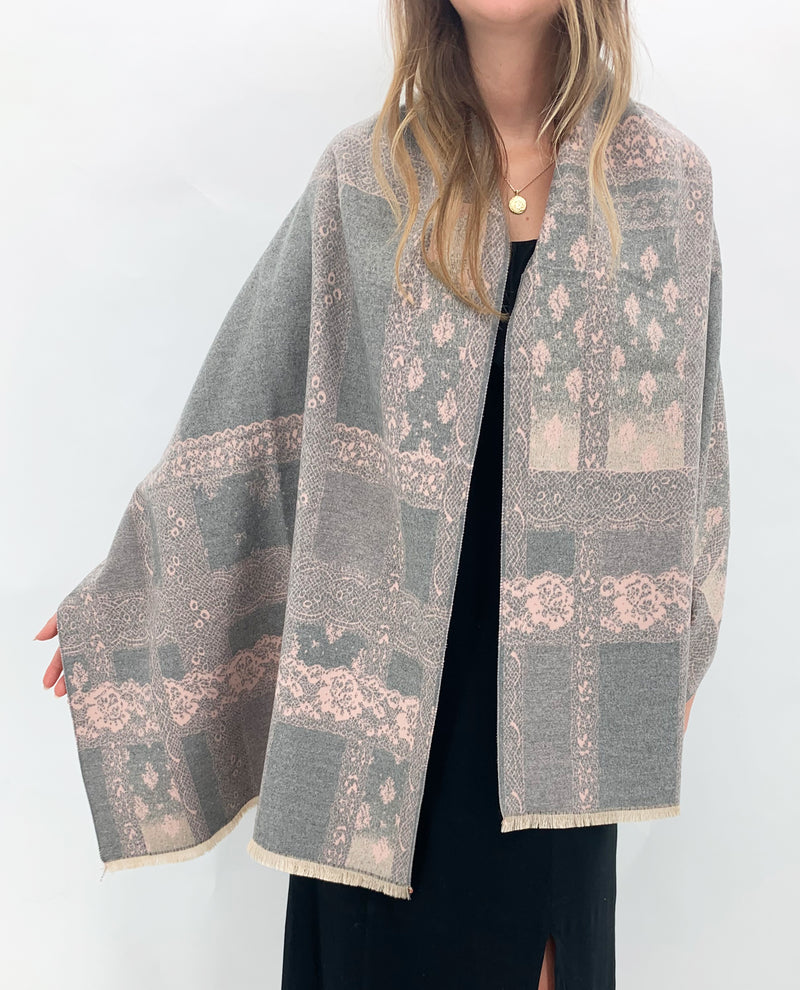 92016 CASHMERE FEEL PINK/GREY PRINT REVERSIBLE SCARF