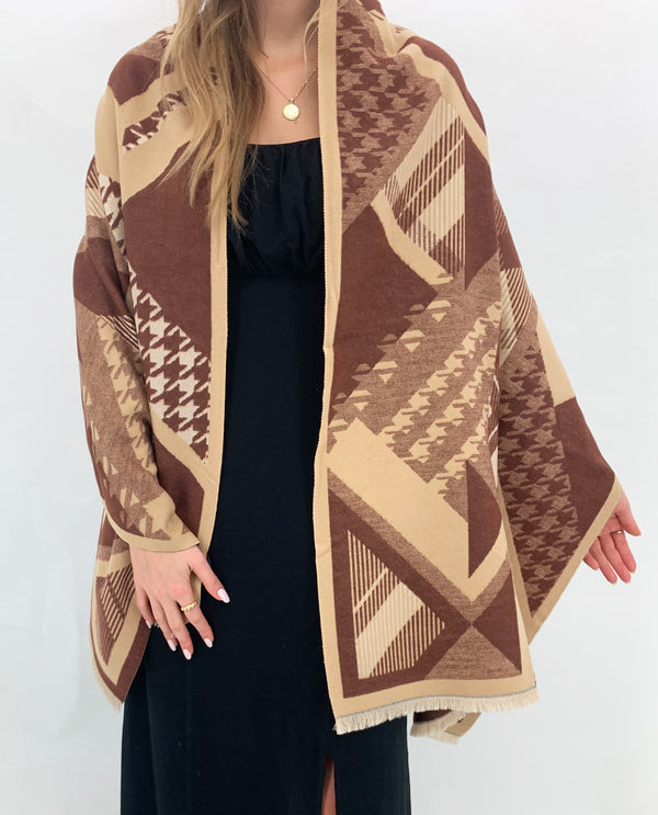 92017-2 CASHMERE FEEL BROWN PRINT REVERSIBLE SCARF