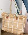 ACCESSORIZE ME FB262 CHECK PATTERN FRINGE TOP TOTE TAUPE