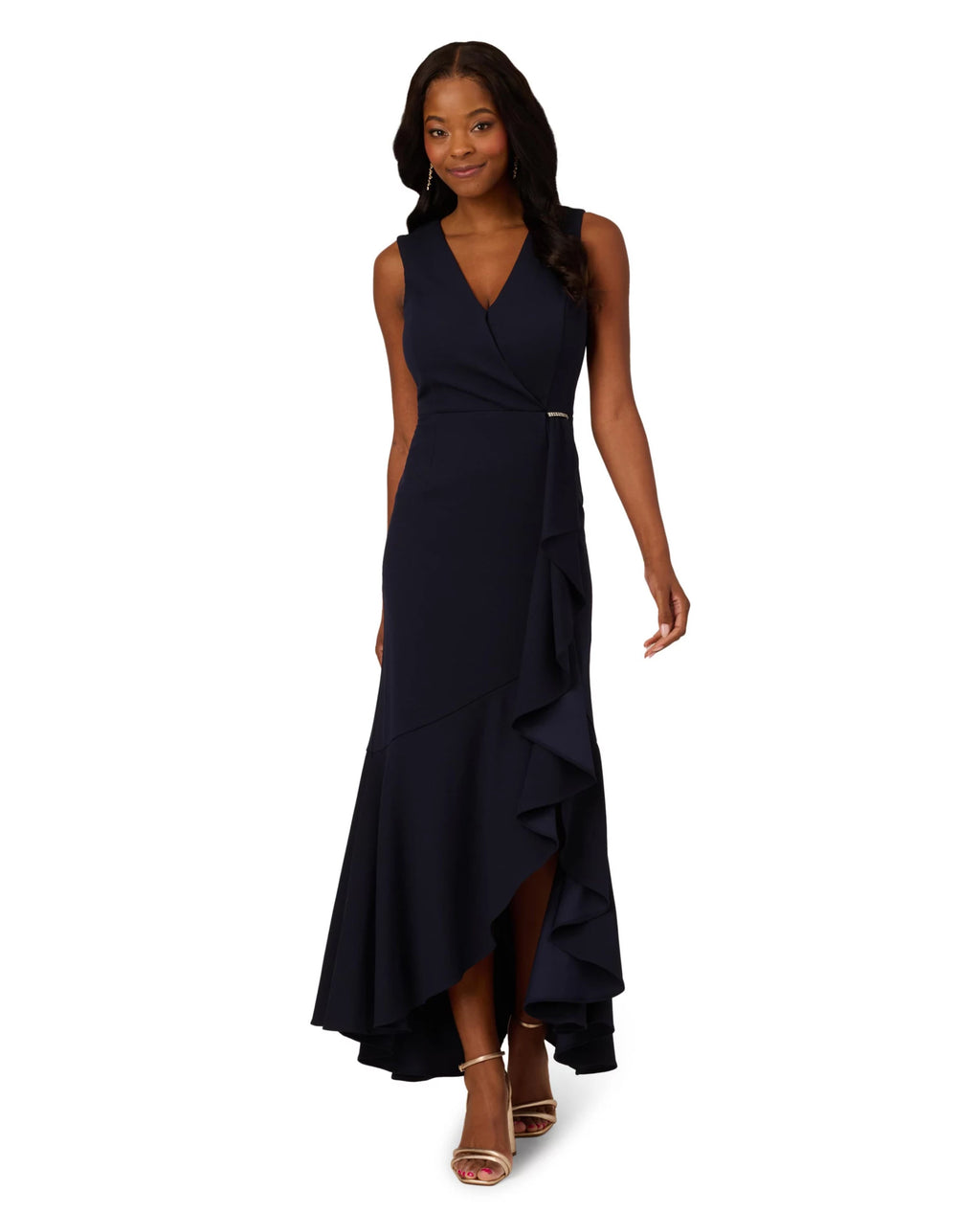 ADRIANNA PAPELL AD5E212110 RUFFLE FLOUNCE CREPE GOWN