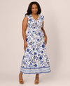 ADRIANNA PAPELL AD3D105775 PRINT RUFFLE MIDI DRESS WHITE/BLUE