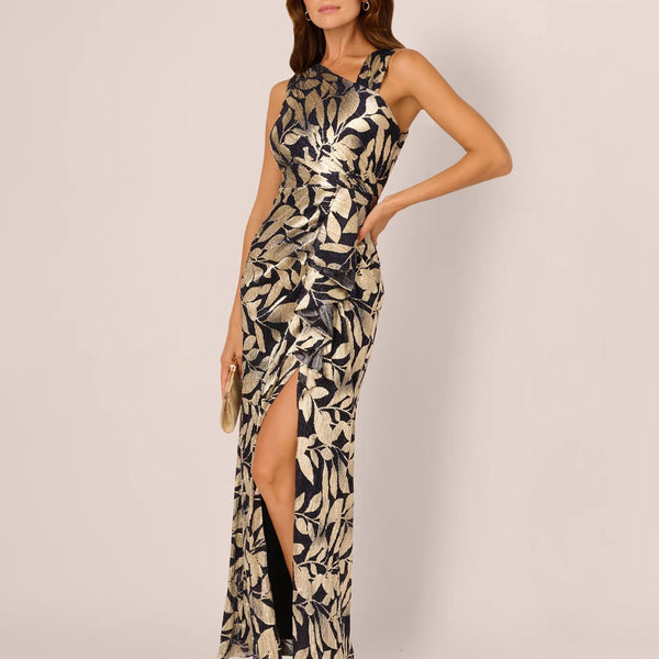 adrianna papell dresses gold ASYMMETRIC FOIL GOWN comfort: 6 Metallic jacquard throughout Women's Ruffles Bodycon Fashion Color:WhiteDenim
